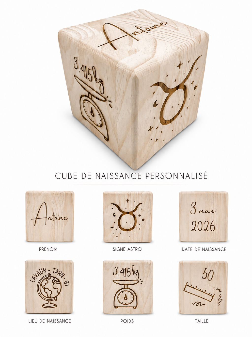 Cube de naissance en bois personnalisé